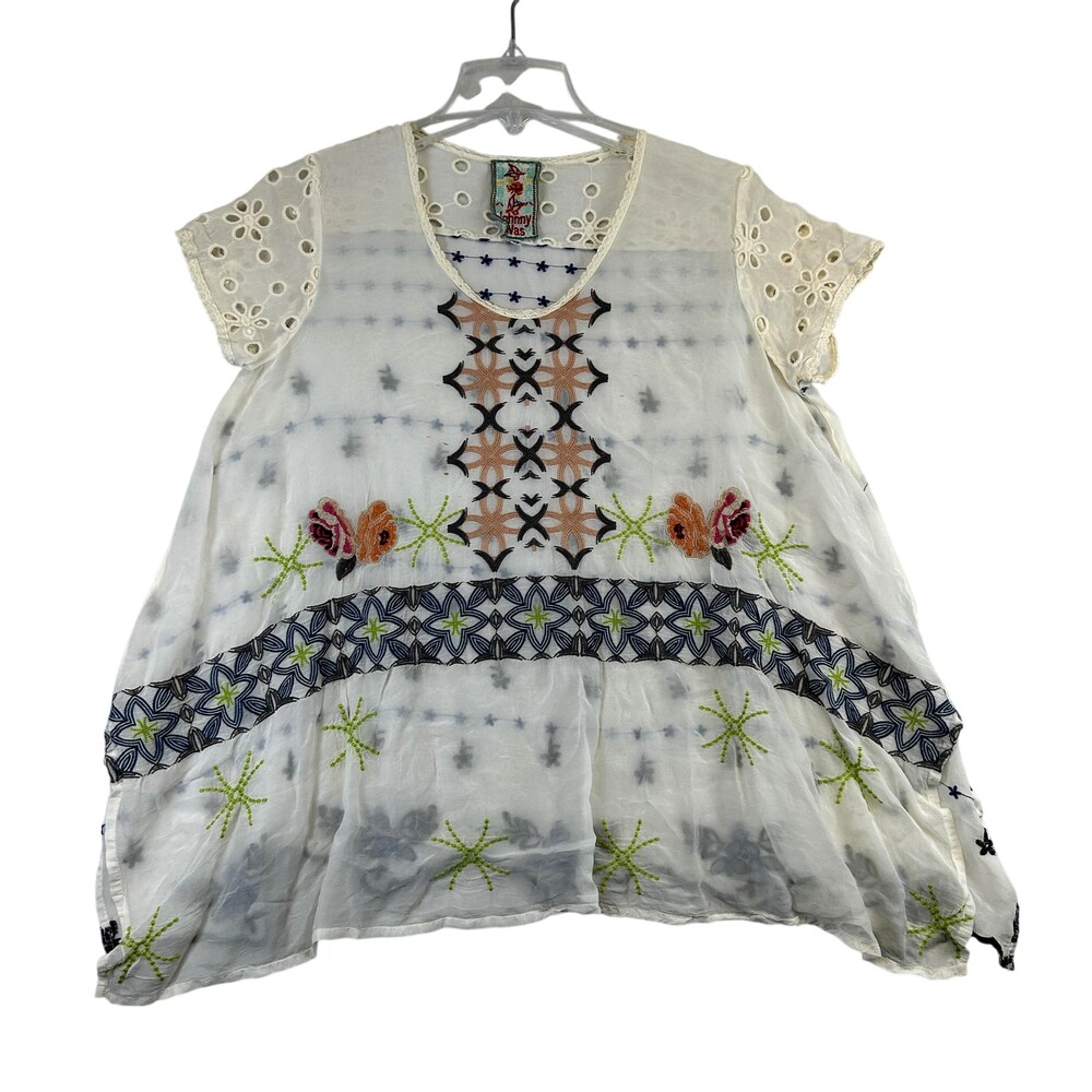 Johnny Was Blouse Womens XS White Embroidered Sheer Eyelet Tunic Boho Top